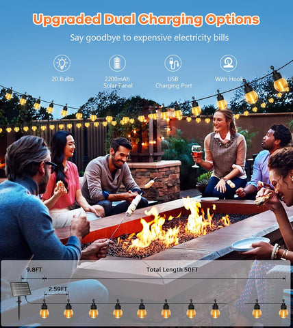 People gathered around a fire pit with outdoor lighting system, featuring upgraded dual charging options.