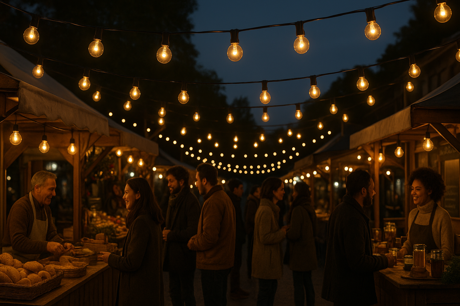 People gathered at an outdoor market under string lights at night.