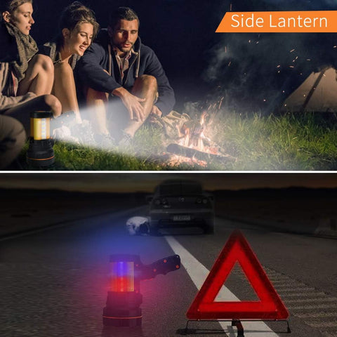 People sitting by a campfire with a side lantern, followed by a scene on a road with a warning triangle and side lantern.