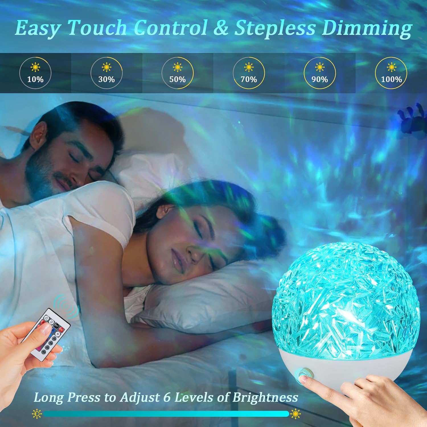 People lying in bed with a glowing blue light and remote control, indicating stepless dimming feature.