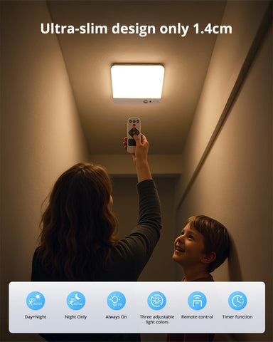 Person adjusting a ceiling light fixture with remote control, text indicating ultra-slim design.