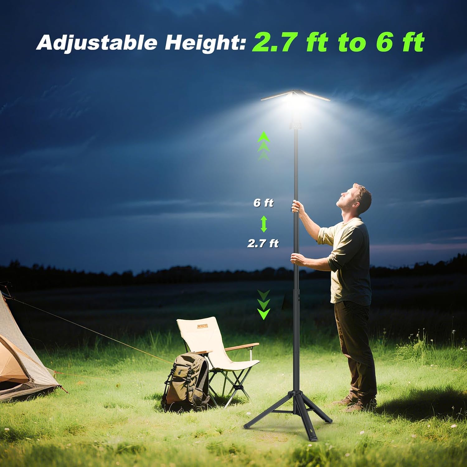 Person adjusting a tall camping light on a tripod with a tent and chair in the background.