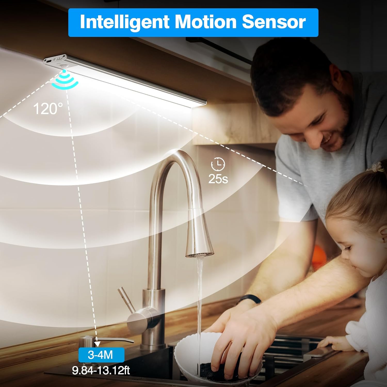 Person and child using a kitchen sink with an intelligent motion sensor light above.