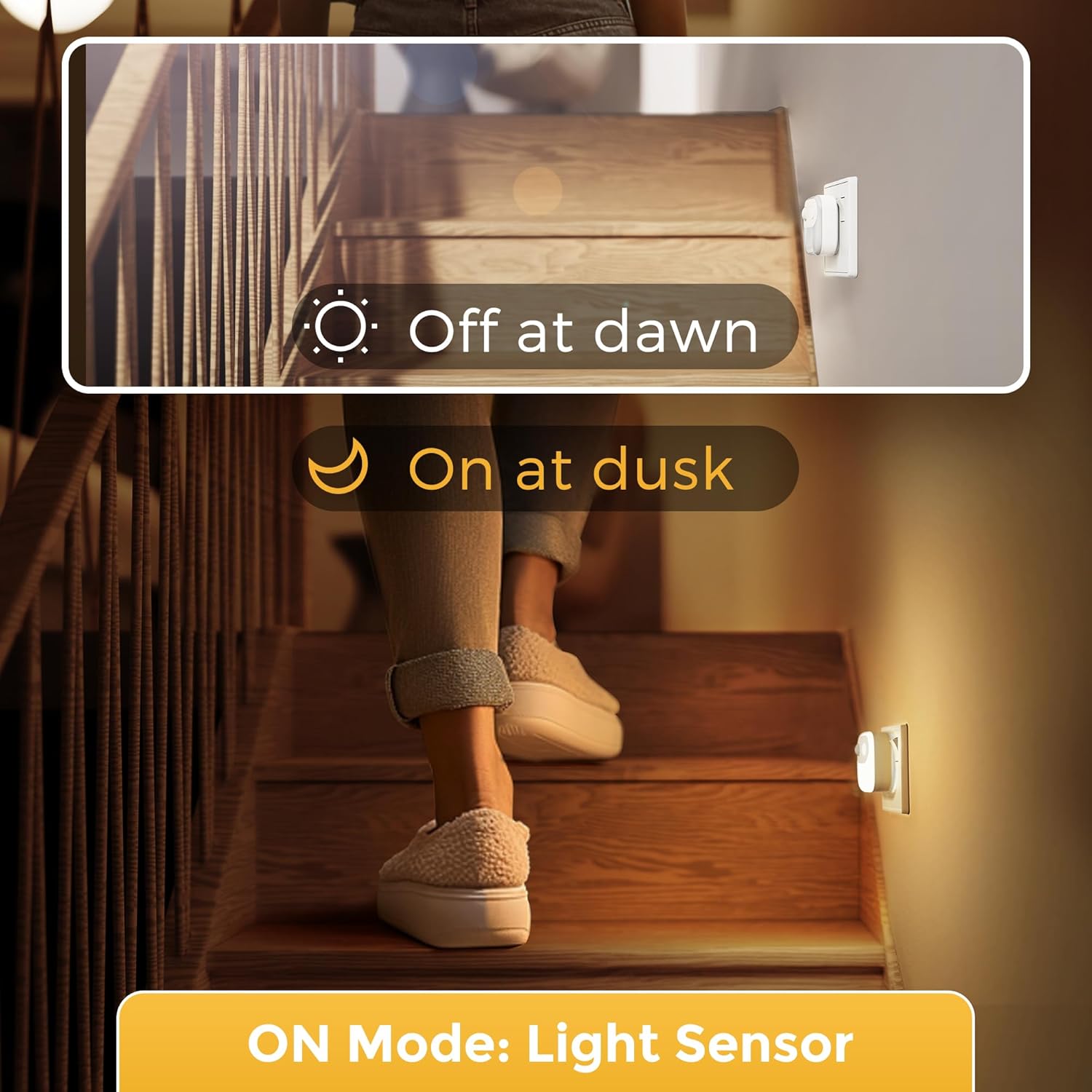 Person ascending wooden stairs with light sensor switch labeled 'On at dusk' and 'Off at dawn'.