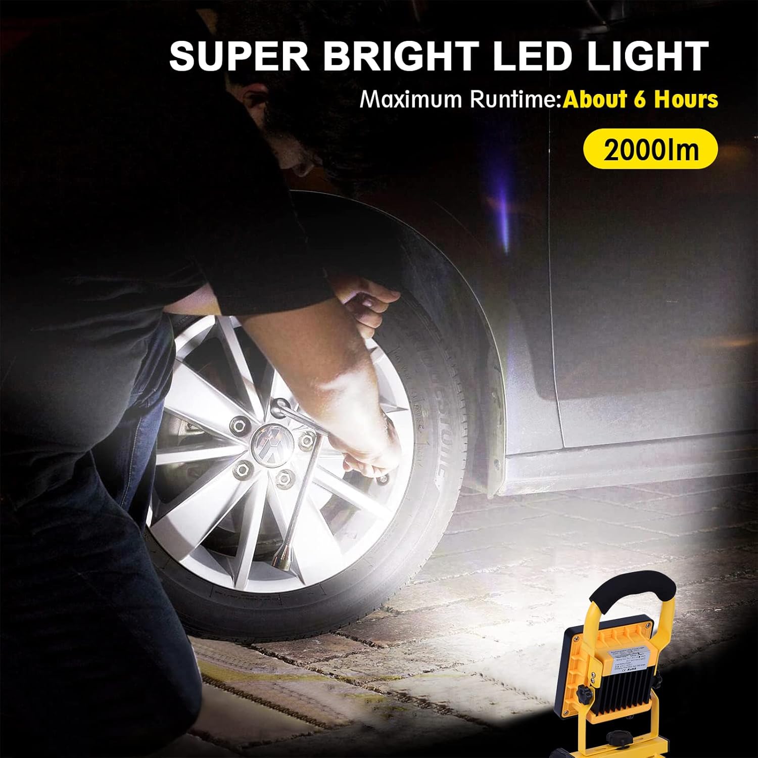Person changing a tire with a super bright LED light illuminating the area, highlighting its brightness and runtime.
