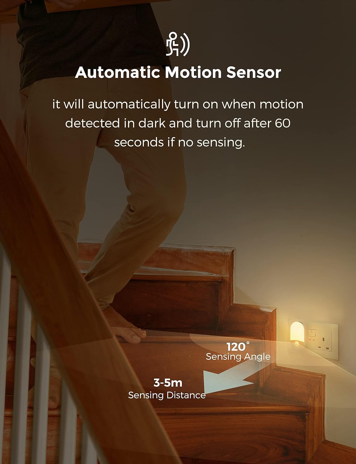 Person climbing stairs with an automatic motion sensor light on a wall, showing sensing distance and angle.