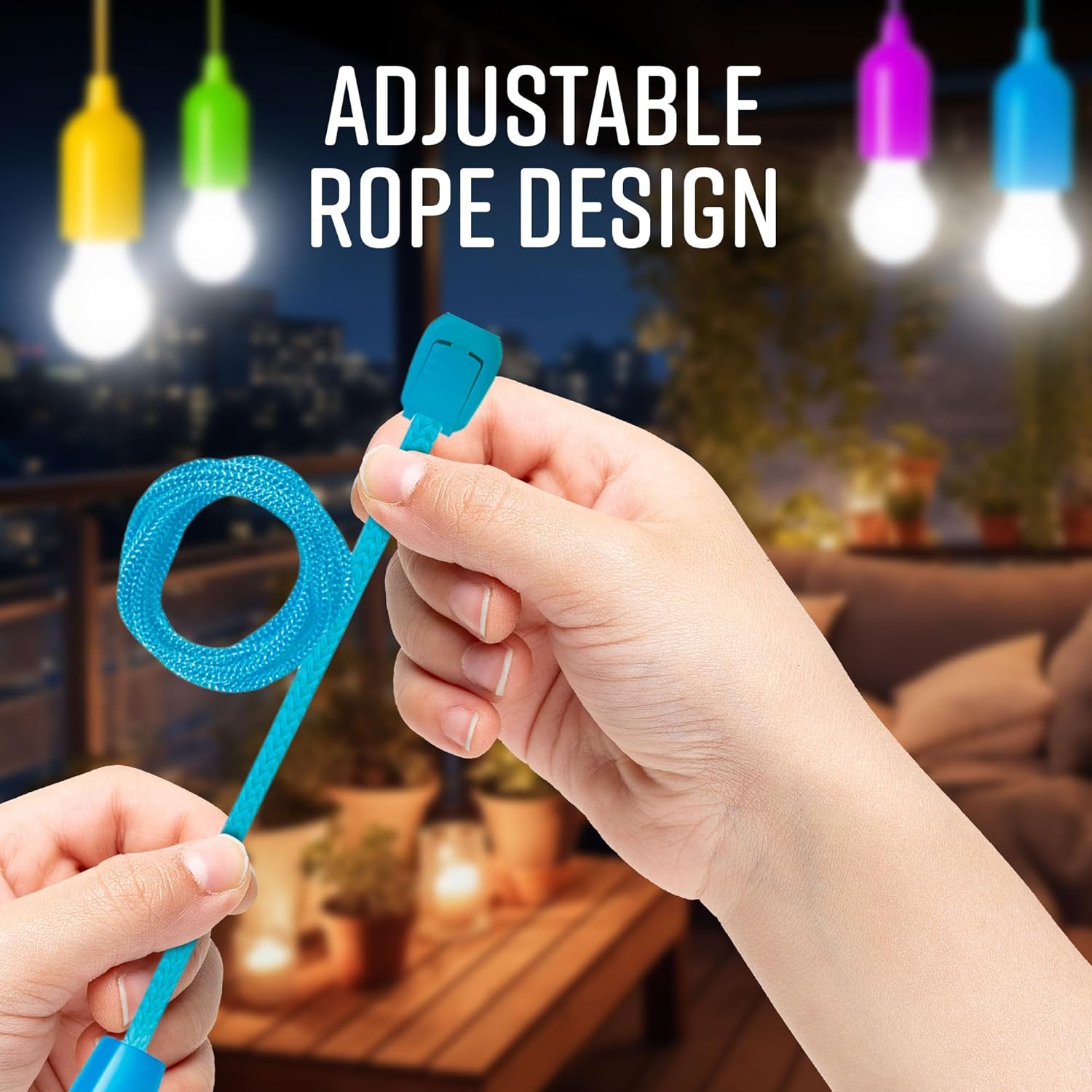 Person holding a blue adjustable rope design with colorful lights in the background