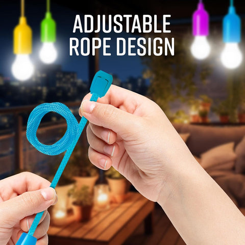 Person holding a blue adjustable rope design with colorful lights in the background