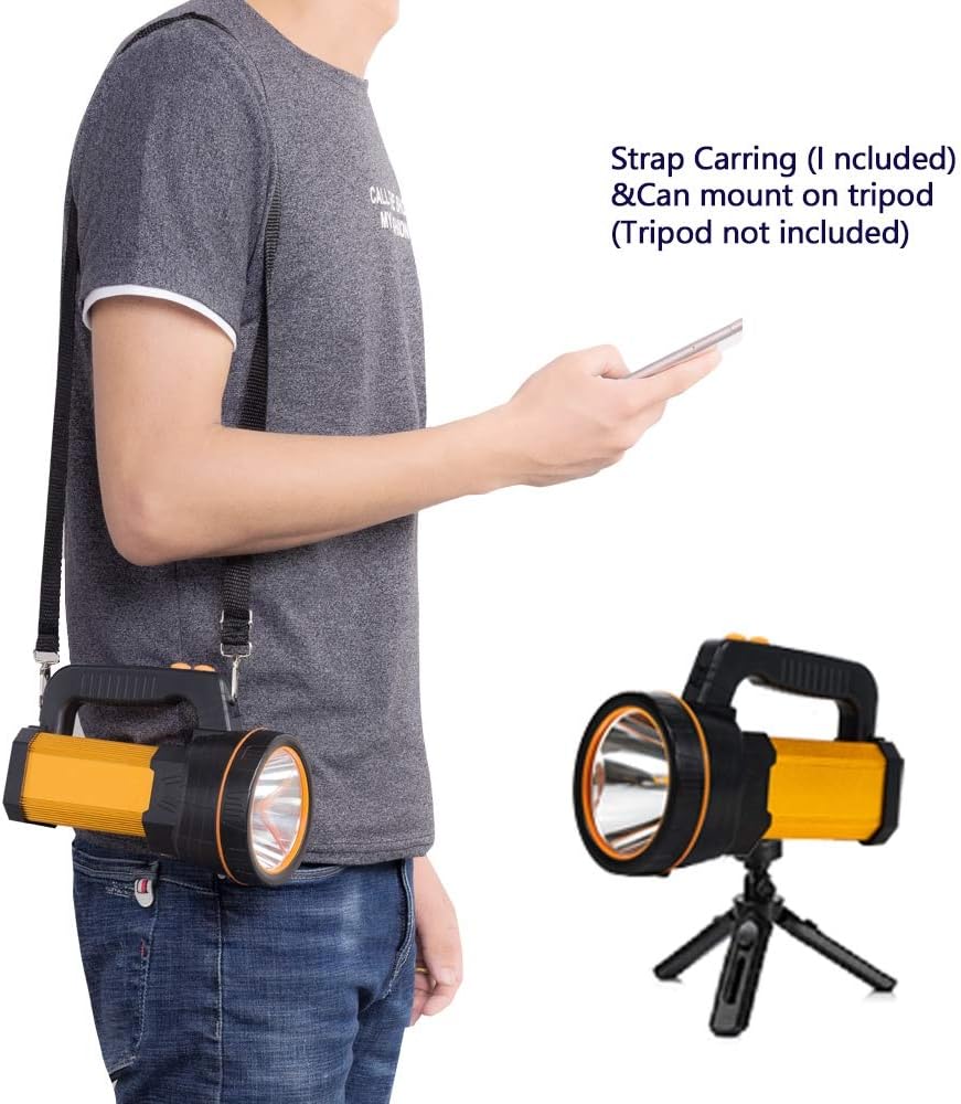 Person holding a flashlight with strap carrying option and tripod mount feature.