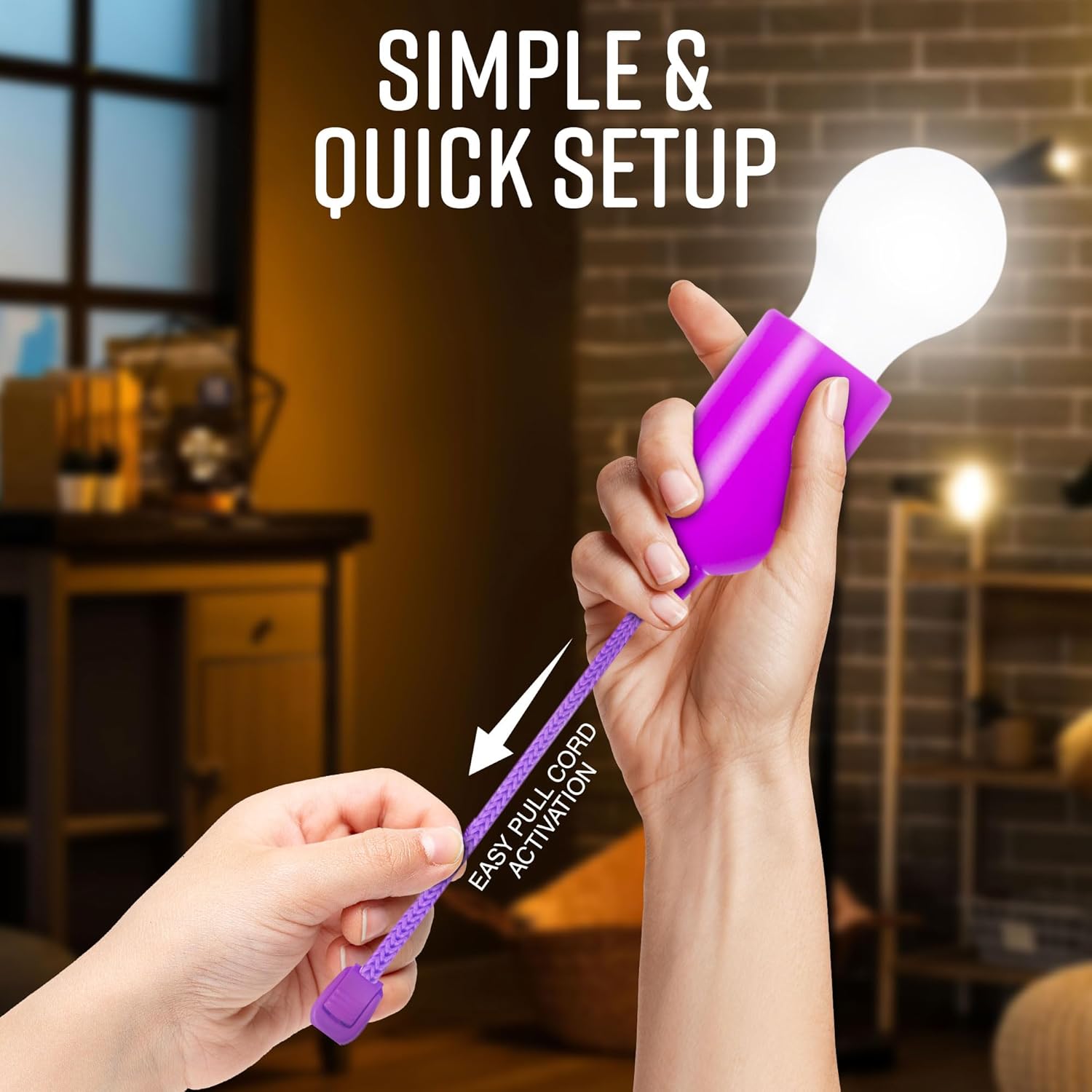 Person holding a purple light bulb with text 'Simple & Quick Setup' and 'Easy Pull Cord Activation'.