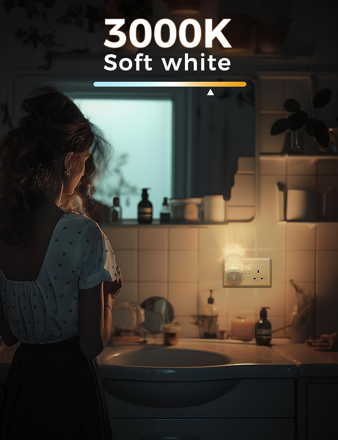 Person in a bathroom with '3000K Soft white' lighting label