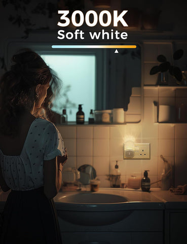 Person in a bathroom with '3000K Soft white' lighting label
