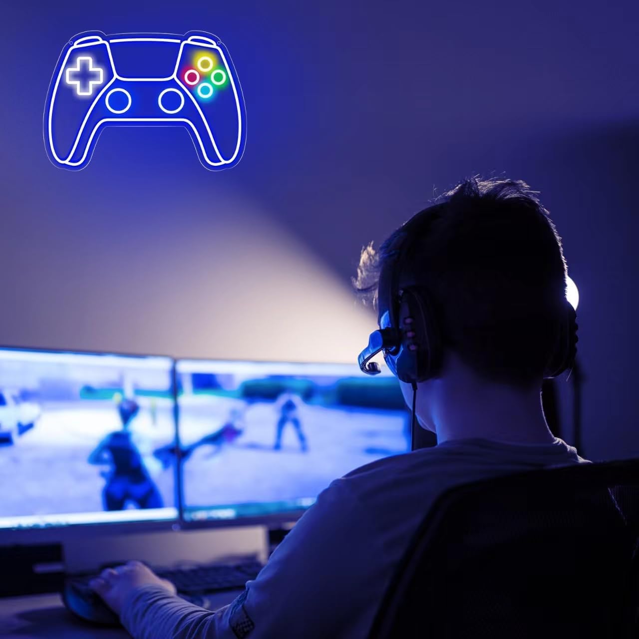 Person playing video games with a glowing controller icon above them