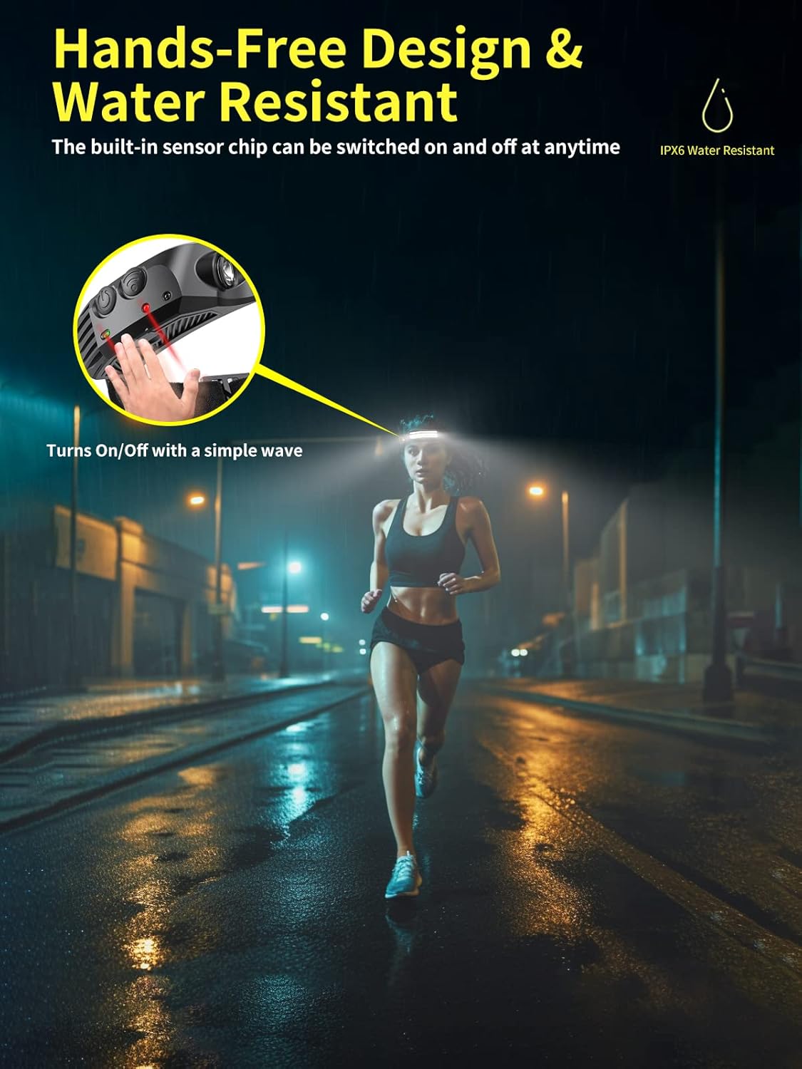 Person running on a wet road at night with a headlamp, highlighting hands-free design and water resistance features.