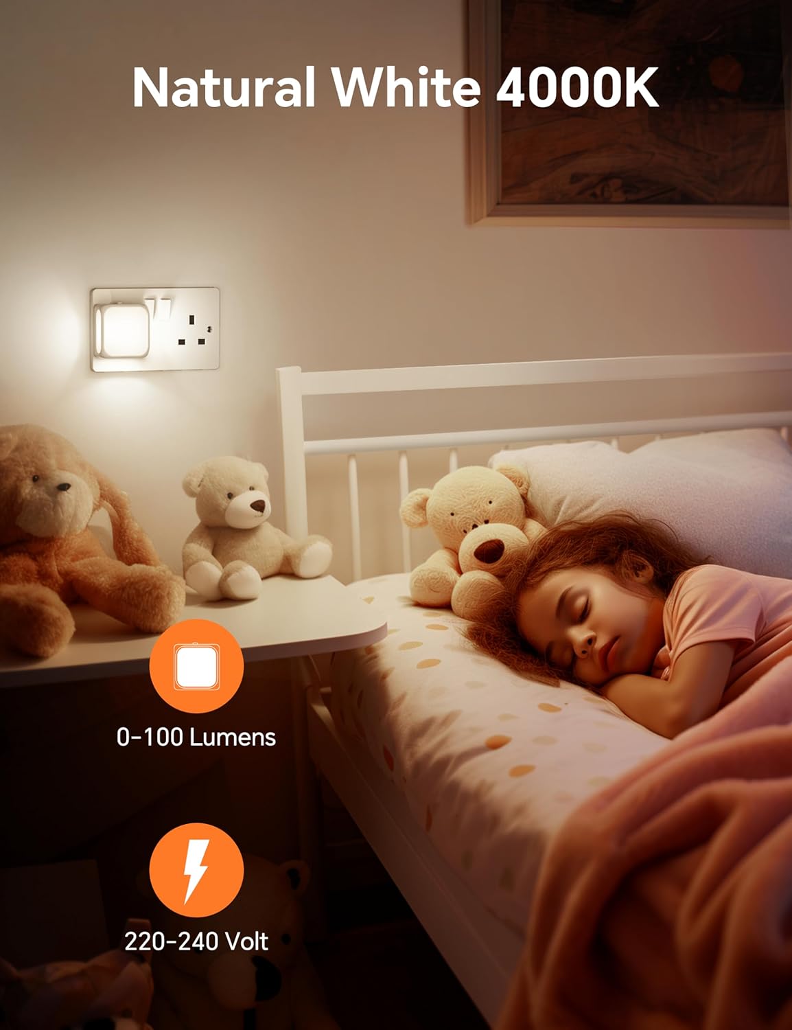 Person sleeping in bed with teddy bears, light switch on wall, and text about natural white light and lighting specifications.
