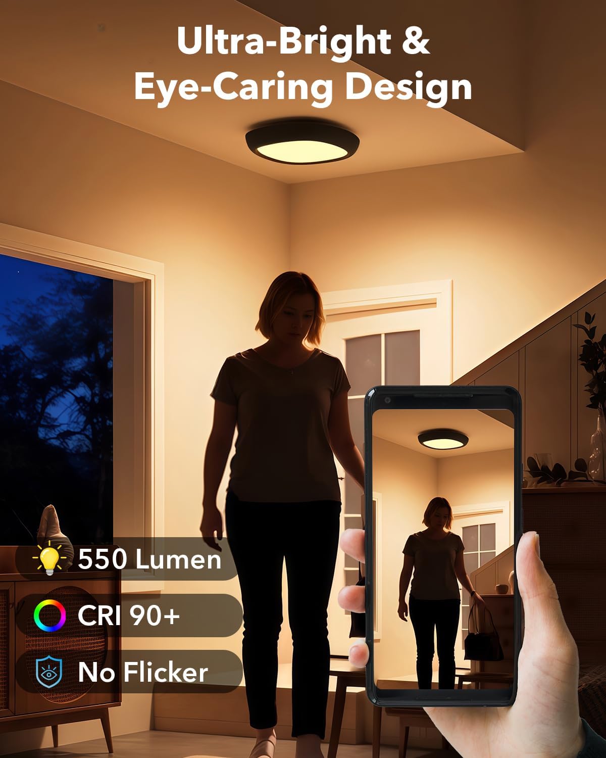 Person standing in a room with a ceiling light, shown on a phone screen, highlighting the light's features.