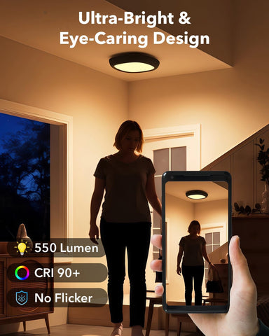 Person standing in a room with a ceiling light, shown on a phone screen, highlighting the light's features.