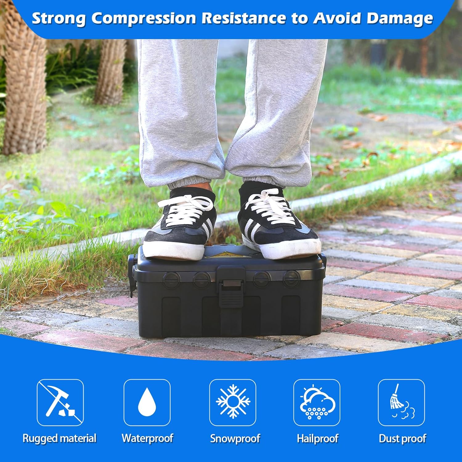 Person stepping on a black toolbox with outdoor setting and feature icons at the bottom.