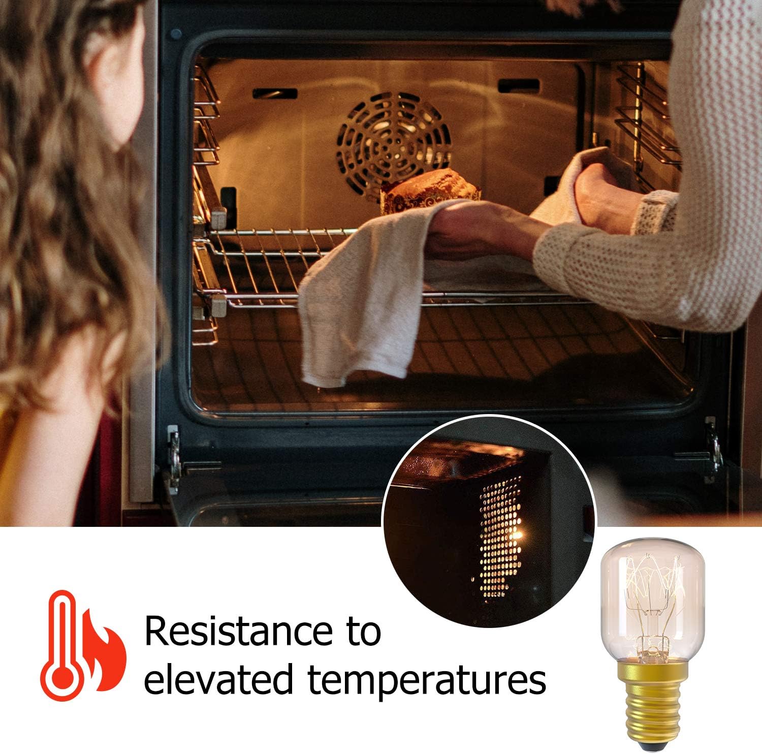 Person taking a dish out of an oven with a focus on resistance to elevated temperatures.