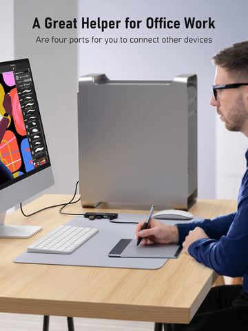 Person using a computer with a graphics tablet, text 'A Great Helper for Office Work' and 'Are four ports for you to connect other devices'.