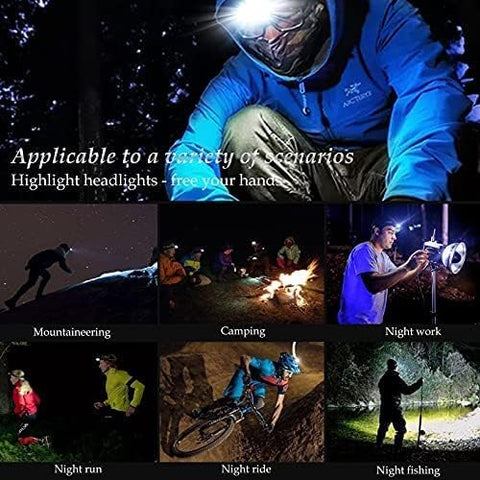 Person using a headlamp in various outdoor scenarios with text highlighting its versatility.