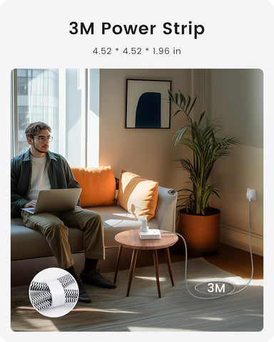 Person using a laptop on a couch with a 3M power strip in the foreground