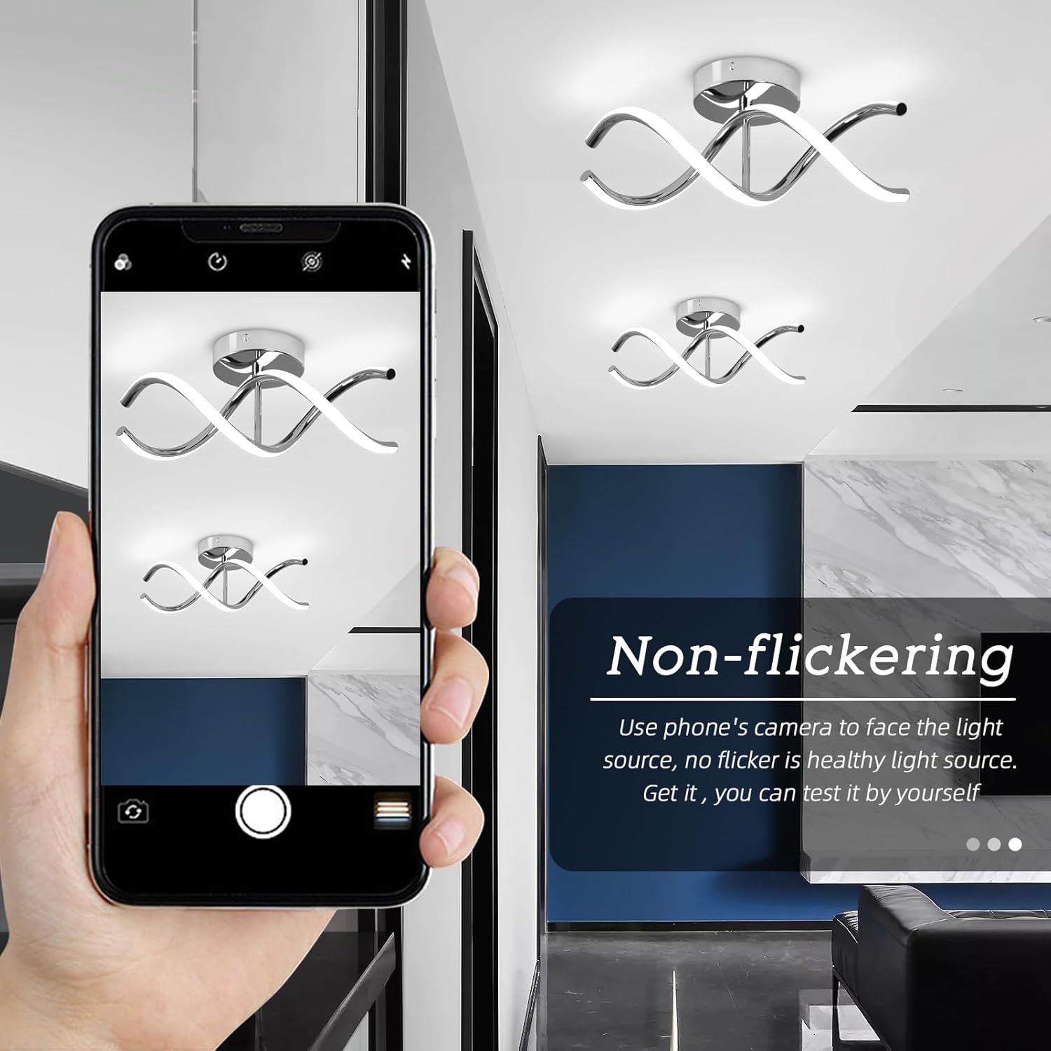 Person using a phone to capture an image of a ceiling light fixture with text about non-flickering light.