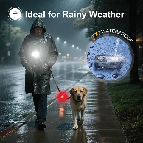 Person walking a dog on a rainy night with a raincoat and flashlight, emphasizing waterproof feature.