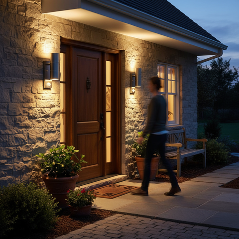 Person walking towards a house with warm lighting