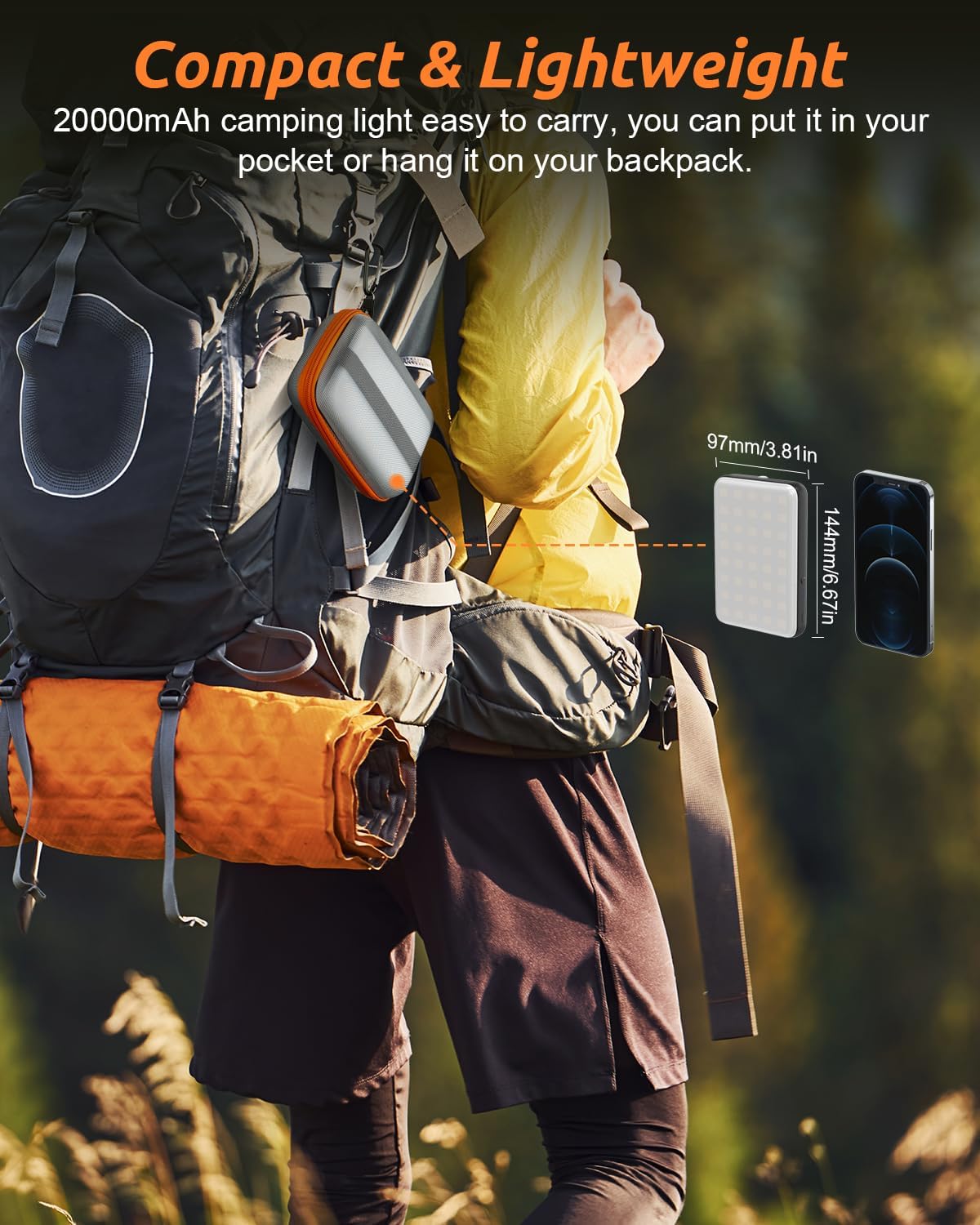 Person wearing a backpack with a camping light, surrounded by nature.