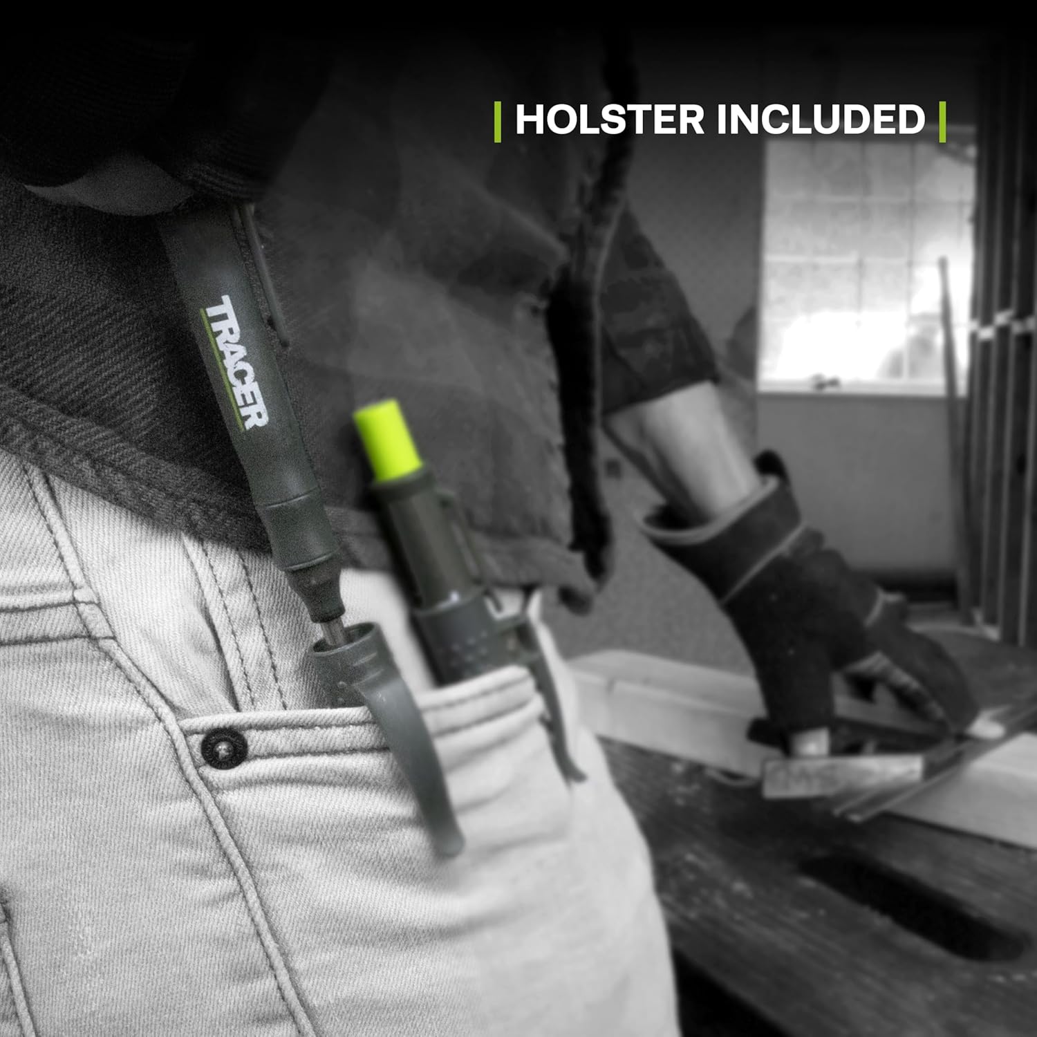Person wearing a black jacket with a green tool in a holster, with 'Tracer' branding.
