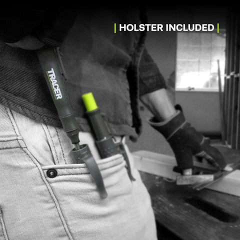 Person wearing a black jacket with a green tool in a holster, with 'Tracer' branding.