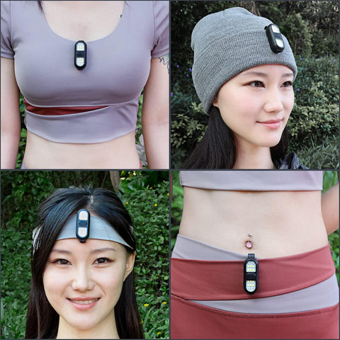 Person wearing a device on their clothing and head outdoors.