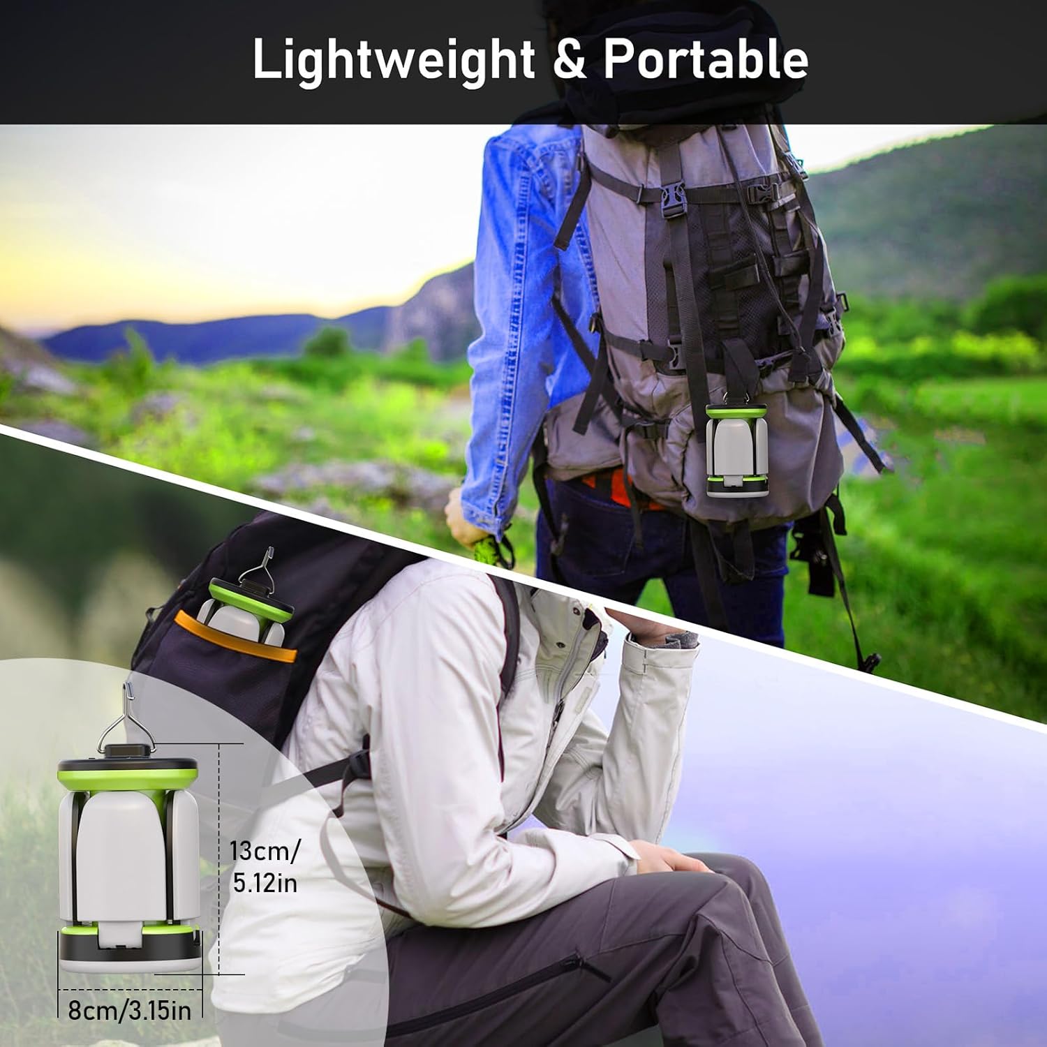 Person with a backpack and camping lantern in a natural setting, highlighting the product's portability.