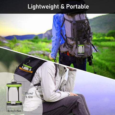 Person with a backpack and camping lantern in a natural setting, highlighting the product's portability.