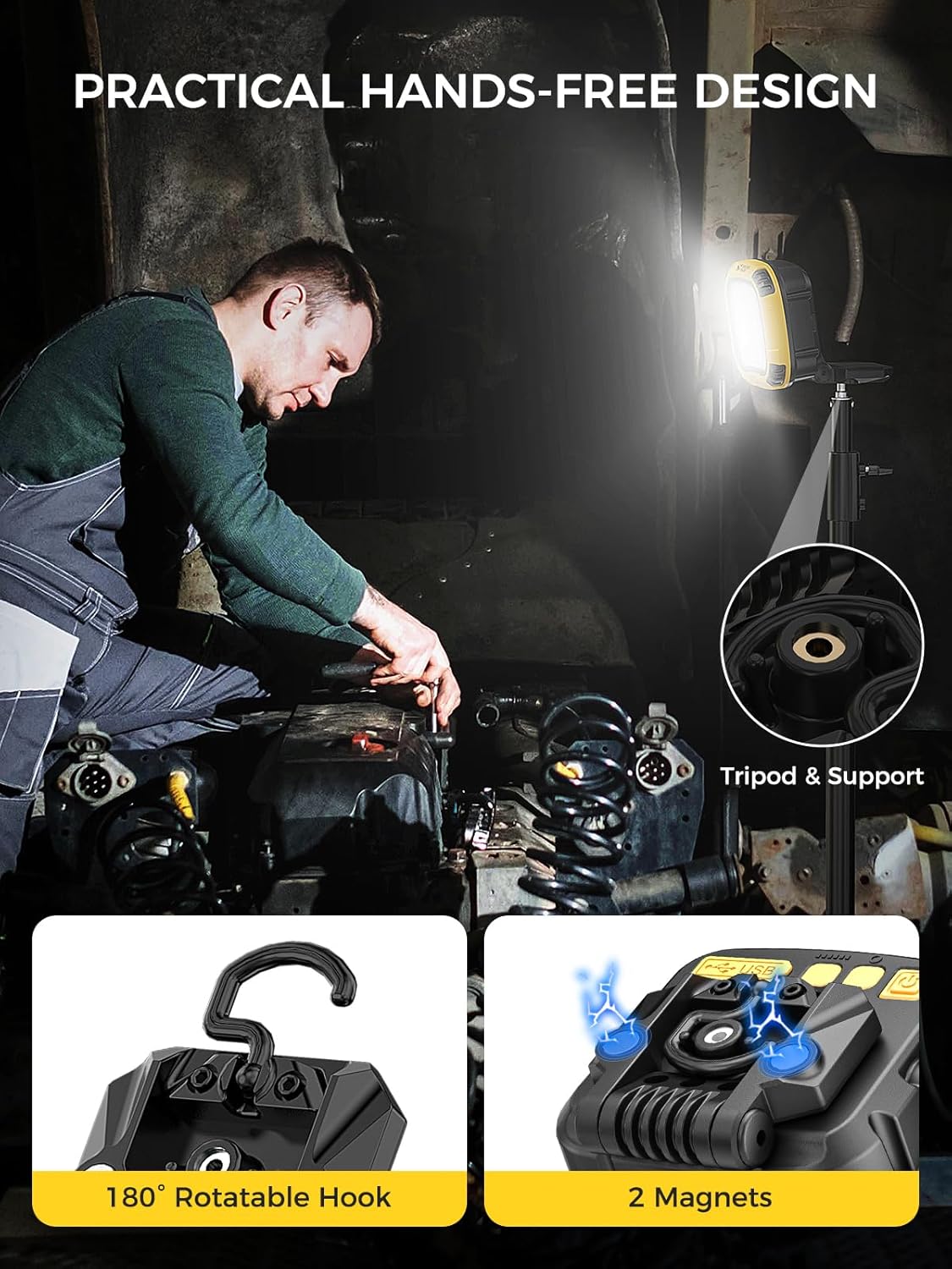 Person working on a car engine with a light shining on it, highlighting features like a 180-degree rotatable hook and two magnets.