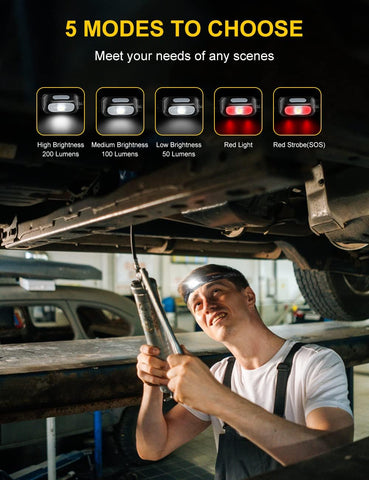 Person working on a car with a flashlight, showing different light modes.