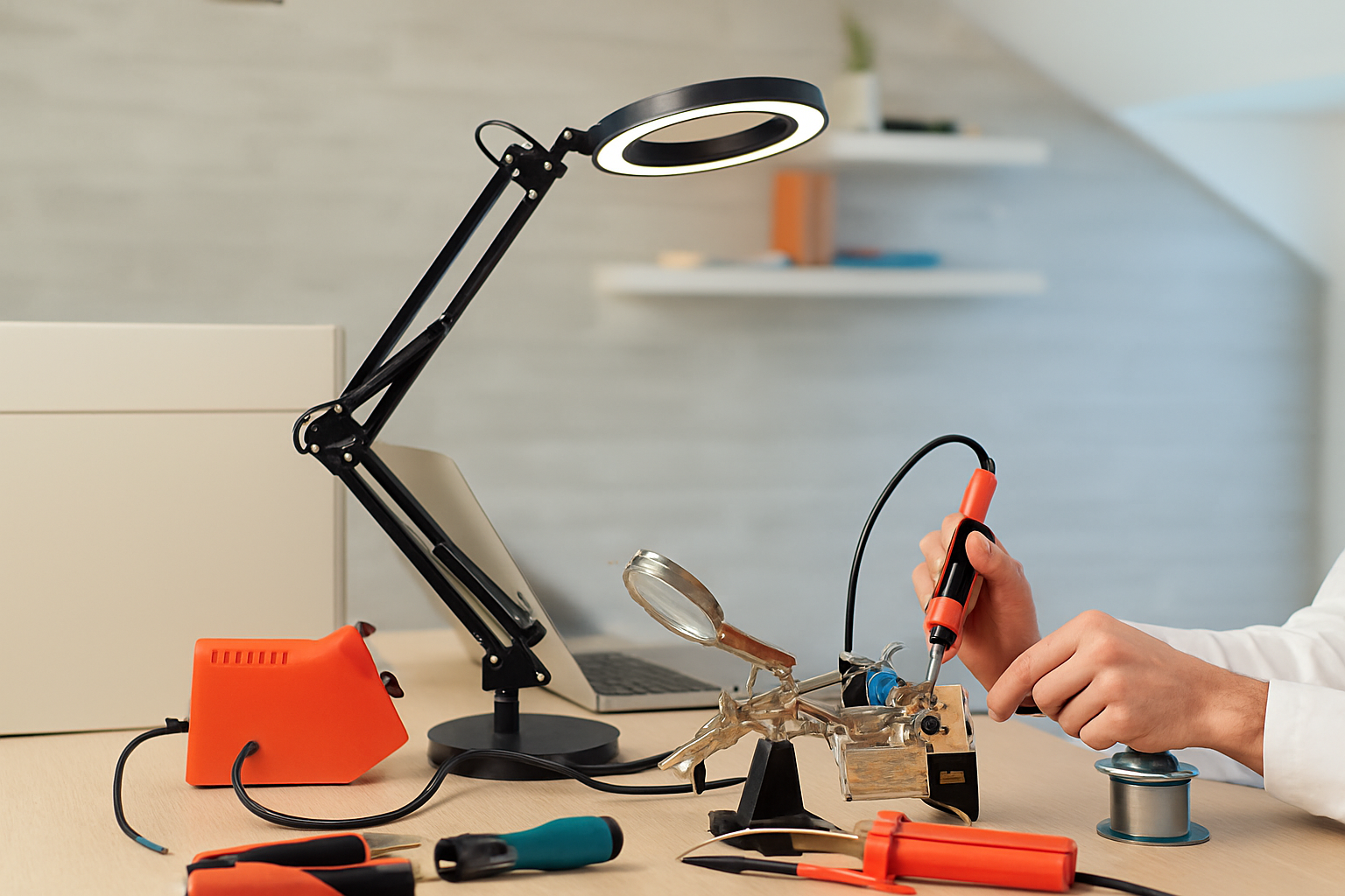 Person working on a project with a magnifying glass and tools on a desk, using a flexible arm lamp.