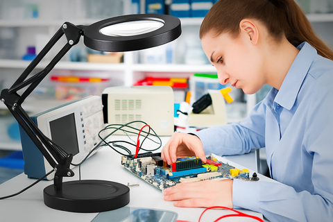 Person working on electronic circuit board with magnifying glass in a laboratory setting