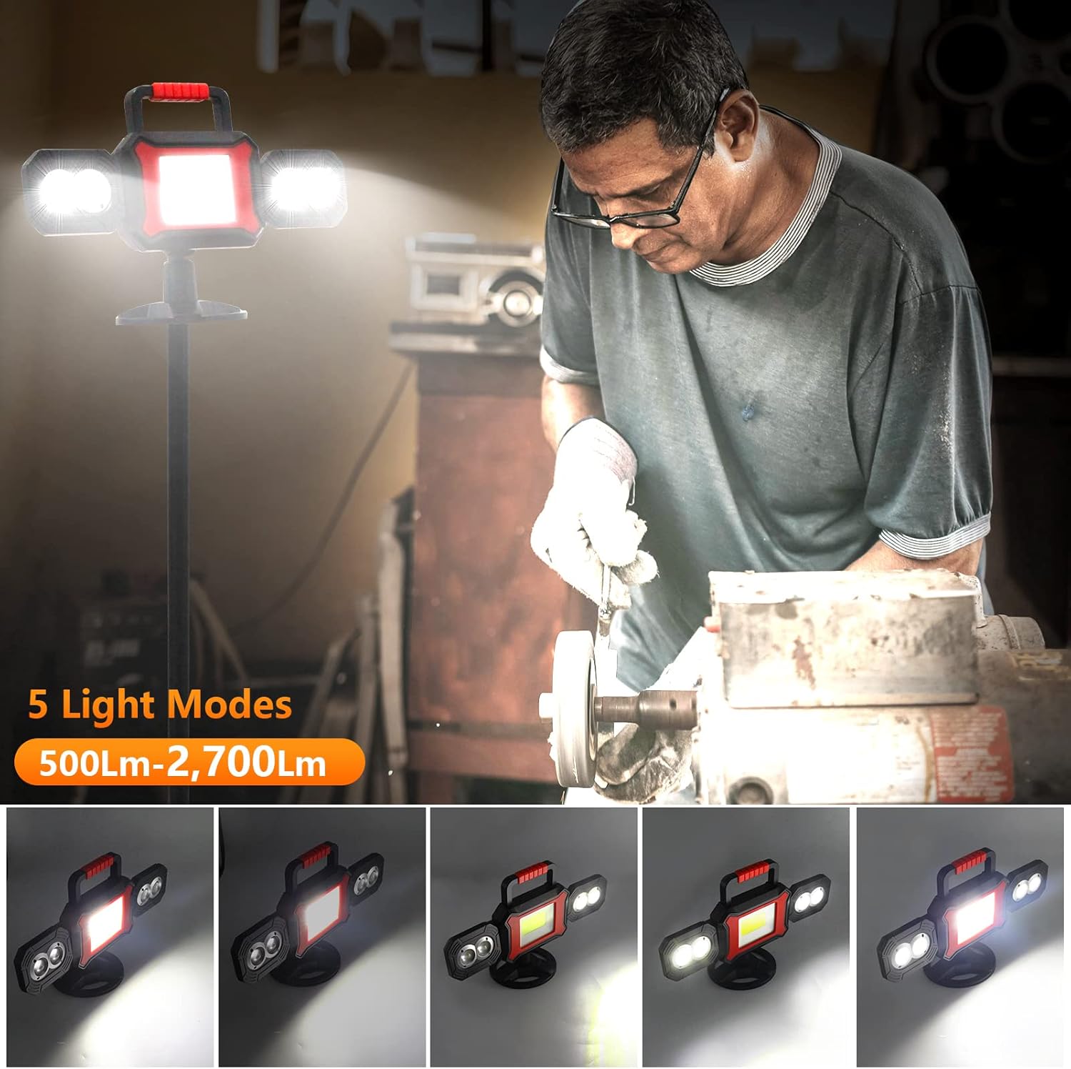 Person working on machinery with a portable work light showing different light modes.