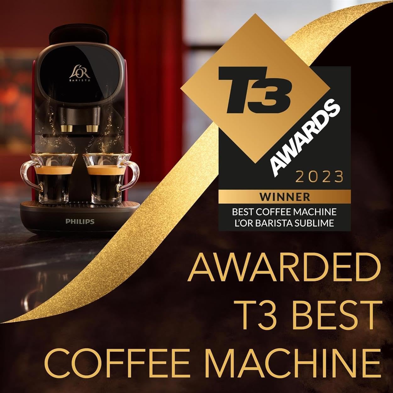 Philips coffee machine with T3 Awards 2023 badge on a dark background