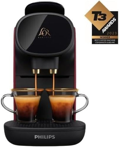 Philips coffee machine with two cups of coffee and T3 Award badge on a white background