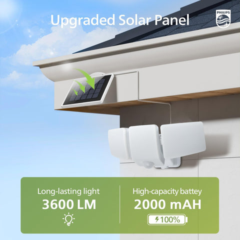 Philips solar panel system on a house roof with specifications displayed.