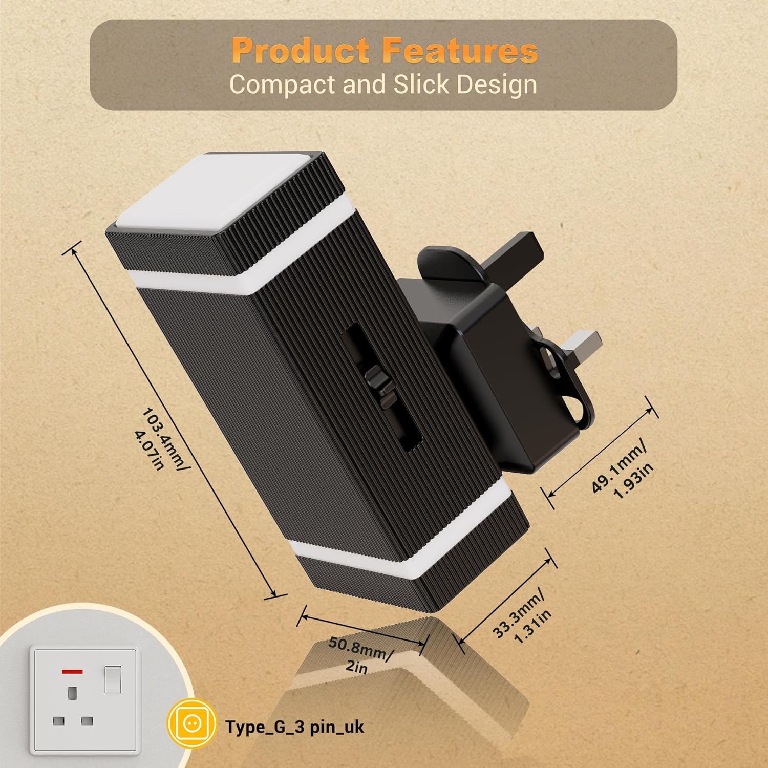 Phone holder with dimensions and power plug illustration on a beige background