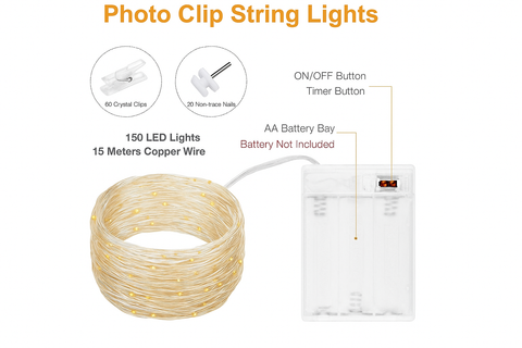 Photo clip string lights with battery pack and features listed on a white background
