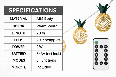 Pineapple string lights with remote control and specifications on a white background