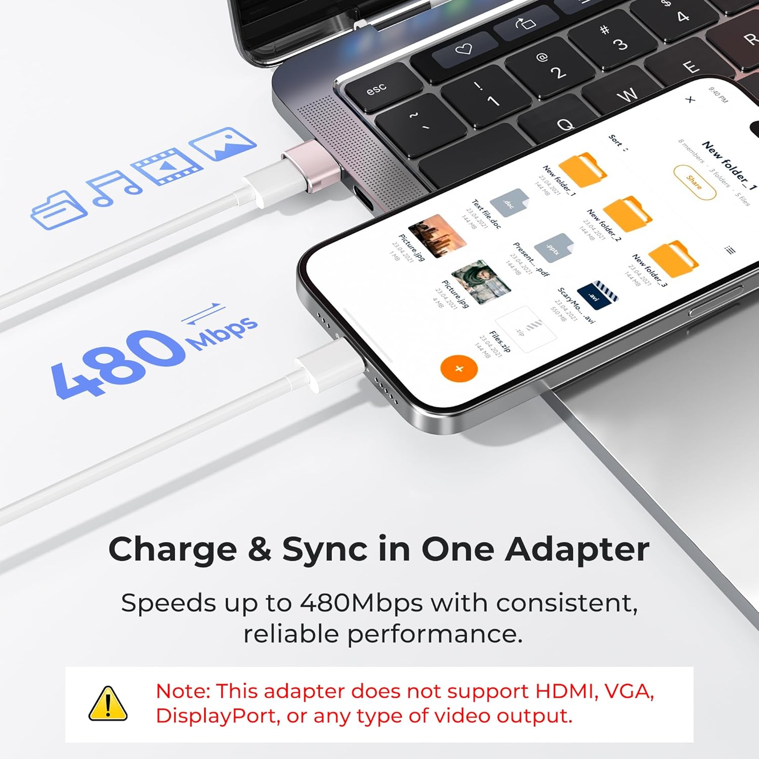 Pink Adapter charging and syncing a smartphone with laptop, highlighting speed and features.
