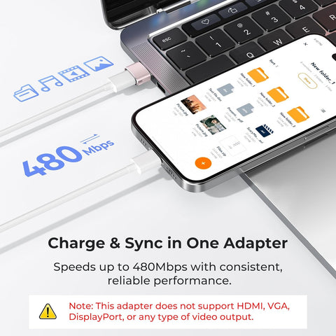 Pink Adapter charging and syncing a smartphone with laptop, highlighting speed and features.