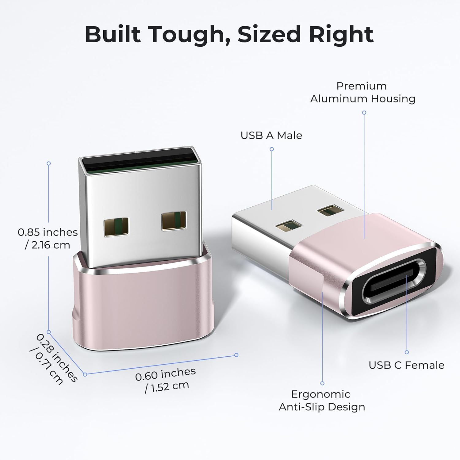 Pink USB adapter with labeled features on a white background