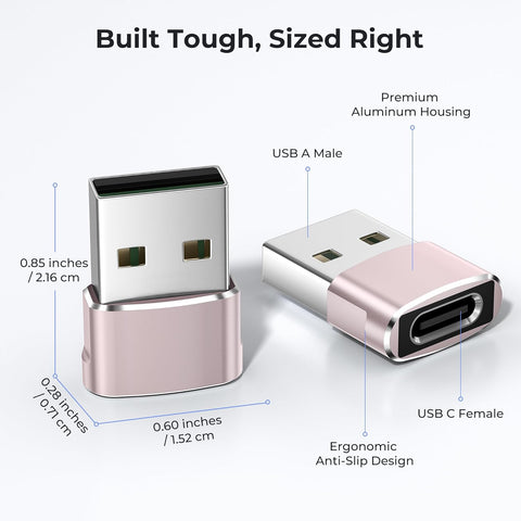 Pink USB adapter with labeled features on a white background